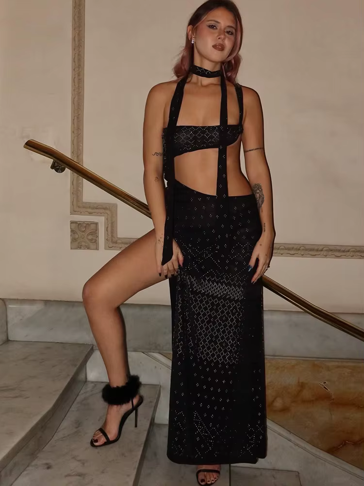 Elegant Chest Wrapping Printed Sheath Long Robe And Scarf Split Maxi Dress - Image 4