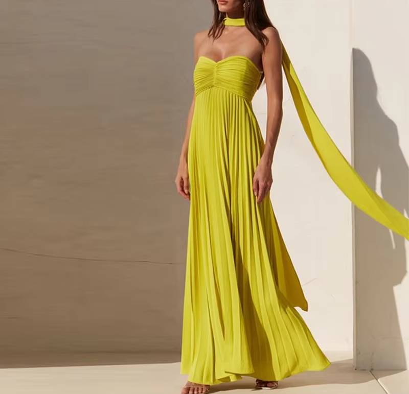 Elegant Chest Wrapping Sleeveless Strapless Ribbon Pleated Maxi Dress - Image 2