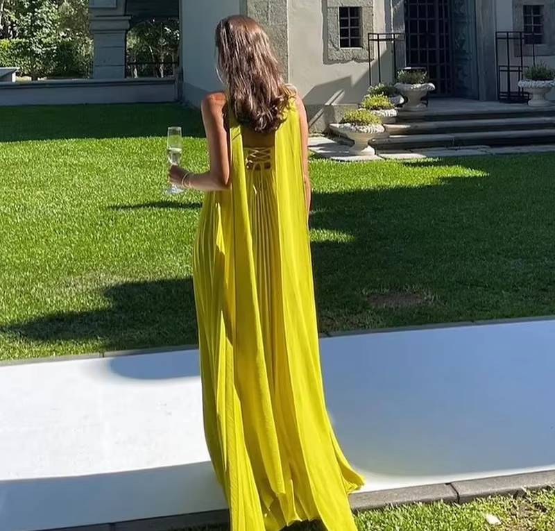 Elegant Chest Wrapping Sleeveless Strapless Ribbon Pleated Maxi Dress - Image 4