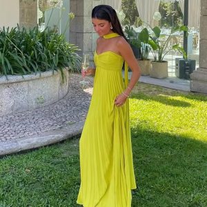 Elegant Chest Wrapping Sleeveless Strapless Ribbon Pleated Maxi Dress