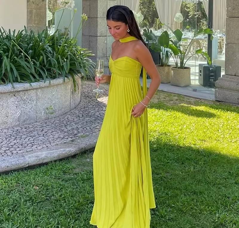 Elegant Chest Wrapping Sleeveless Strapless Ribbon Pleated Maxi Dress