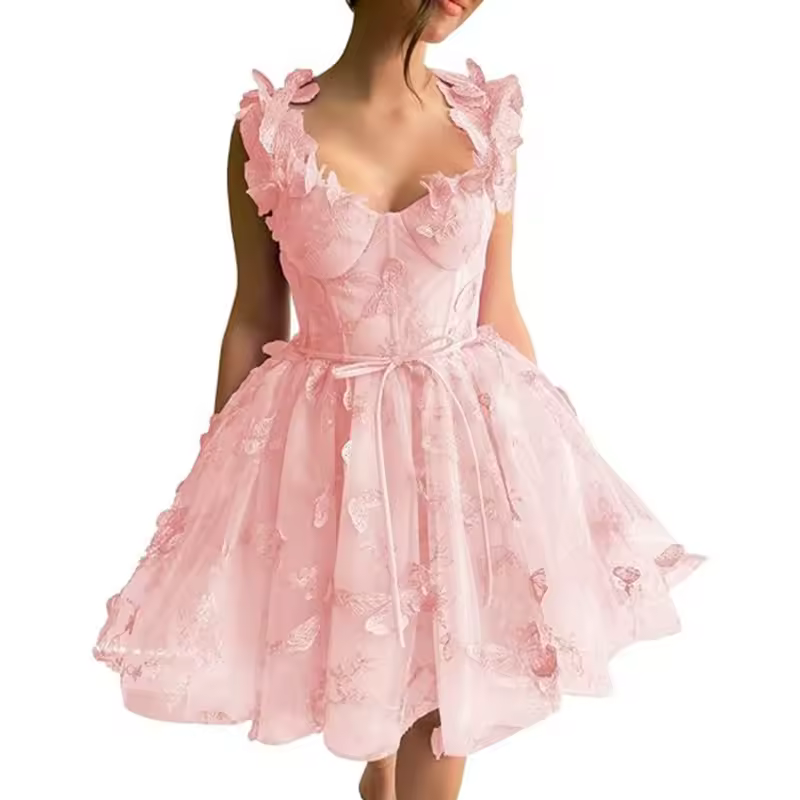 Elegant Clothing Tulle Spaghetti Straps Sleeveless High Slit Lace Up Back Mini Dress