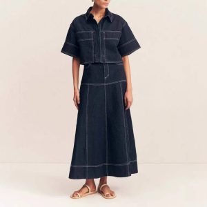 Elegant Contrast Stitching Denim Short-Sleeve Crop Top Skirt 2 Piece Set