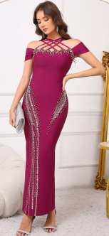 Elegant Crystal Off-Shoulder with Criss-Cross Accents Party Evening Maxi Dress - Image 3