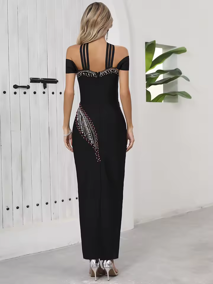 Elegant Crystal Off-Shoulder with Criss-Cross Accents Party Evening Maxi Dress - Image 7