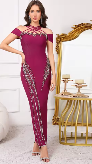 Elegant Crystal Off-Shoulder with Criss-Cross Accents Party Evening Maxi Dress - Image 2