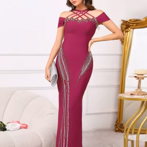 Elegant Crystal Off-Shoulder with Criss-Cross Accents Party Evening Maxi Dress