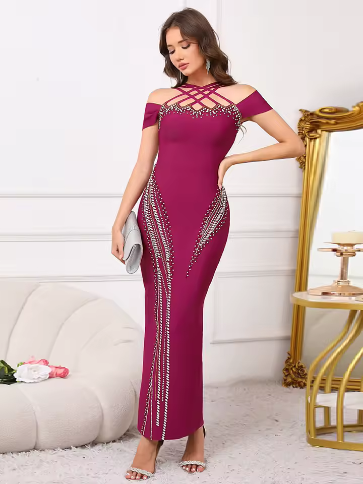 Elegant Crystal Off-Shoulder with Criss-Cross Accents Party Evening Maxi Dress