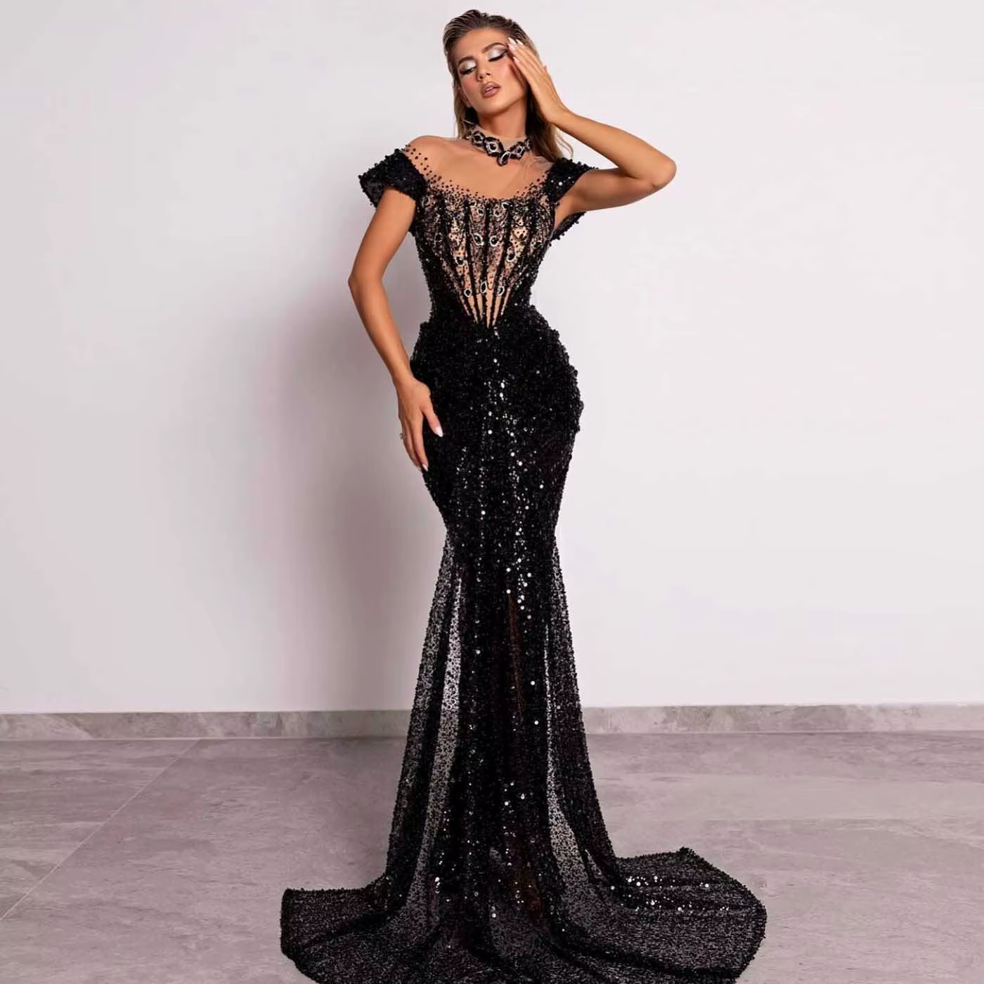 Elegant Crystals Lace Mermaid Sheer Neck Prom Evening Maxi Dresses