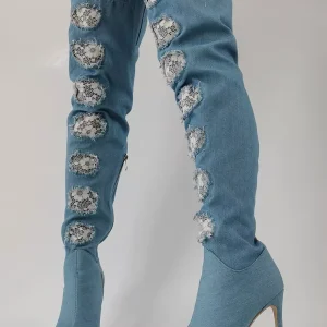 Elegant Denim Pointed Toe Lace Detail Over The Knee Thigh High Boots