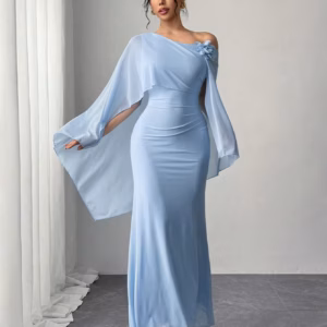 Elegant Diagonal collar One-Shoulder Corsage Mesh Cape Ultra Long Maxi Dress