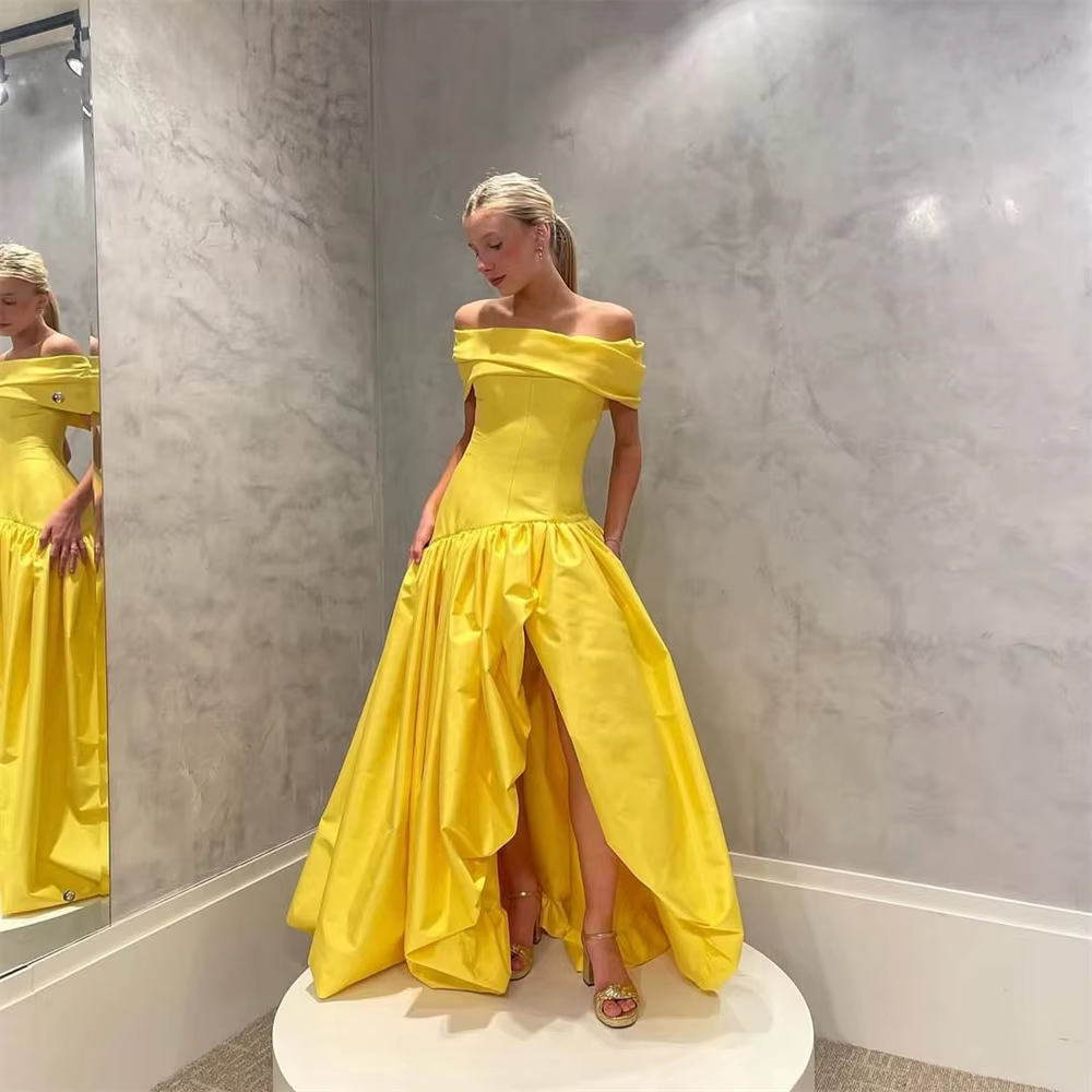 Elegant Draped Off Shoulder A-Line Asymmetrical Party Prom Side High Split Maxi Dress