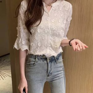 Elegant Embroidery Floral Cotton Short Sleeve Lace Non Stretch Blouse