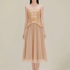 Elegant Embroidery Flowers Strapless Belt Tops Mesh Patchwork Pleated Skirt Two Piece Sets