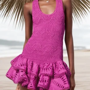 Elegant Embroidery Solid U-Neck High Waist Slimming Patchwork Fold Mini Dress