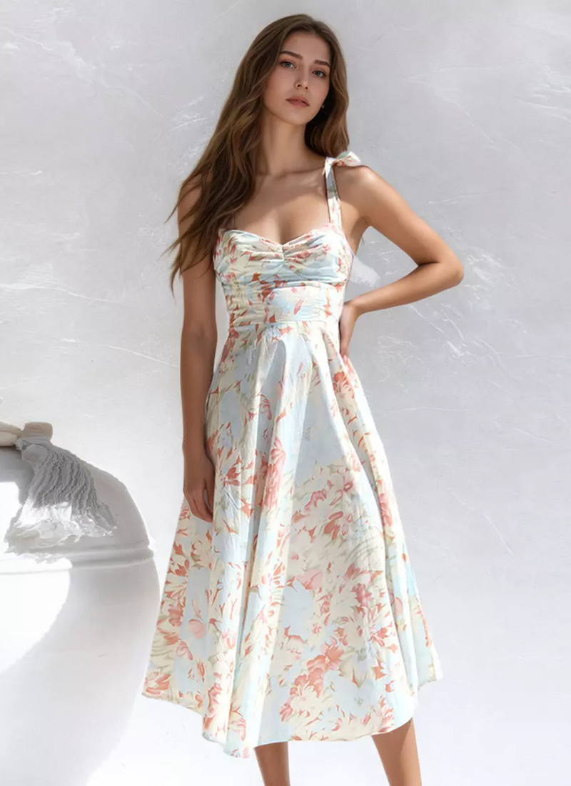 Elegant Fashion Floral Print With Bow-Tie Straps Midi Dress