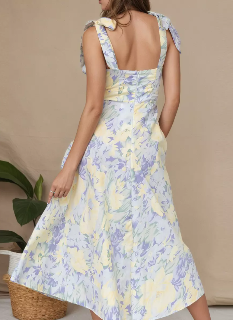 Elegant Fashion Floral Print With Bow-Tie Straps Midi Dress - Image 7