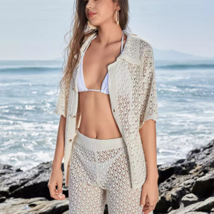 Erotic Crochet Knit Cover-up Top And Shorts Set For Beach