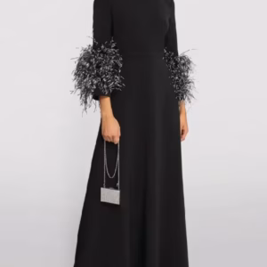 Elegant Feathers Half Sleeve Boat Neck Pleated Solid Color Floor Length Wrap Evening Maxi Dress