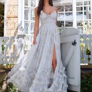 Elegant Floral Layered Ruffles Open Shoulder High Slit Strap Maxi Dress