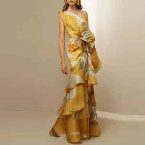 Elegant Floral Print Diagonal Collar Hollow Off Shoulder High Waist Banquet Long Maxi Dress