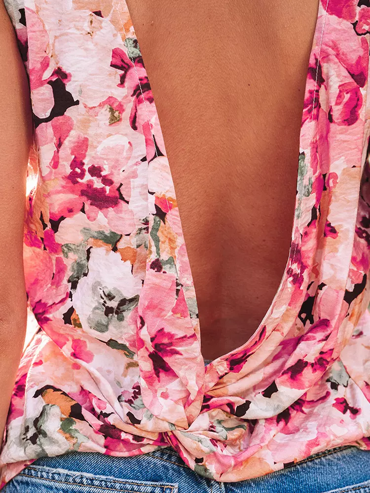Elegant Floral Print U-neck Open Back Sleeveless Top Resort Wear - Image 5