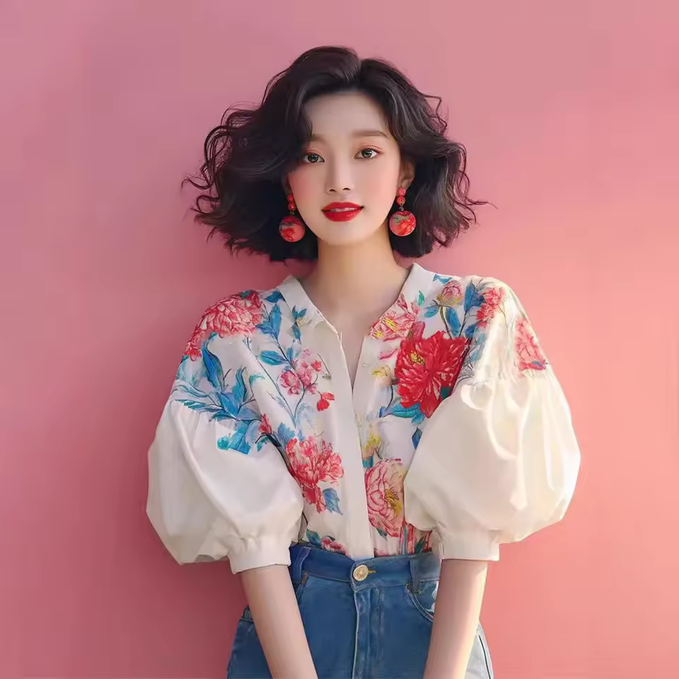 Elegant Flower Print Unique Design Lapel Puff Sleeve Button Blouses Shirt