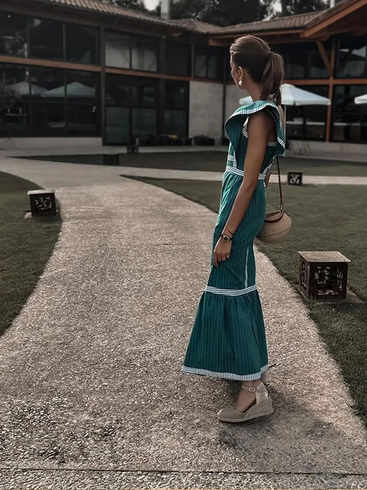 Elegant Flying Sleeve Striped Ruffled Pleated Square Collar Patchwork Maxi Dress - Image 5