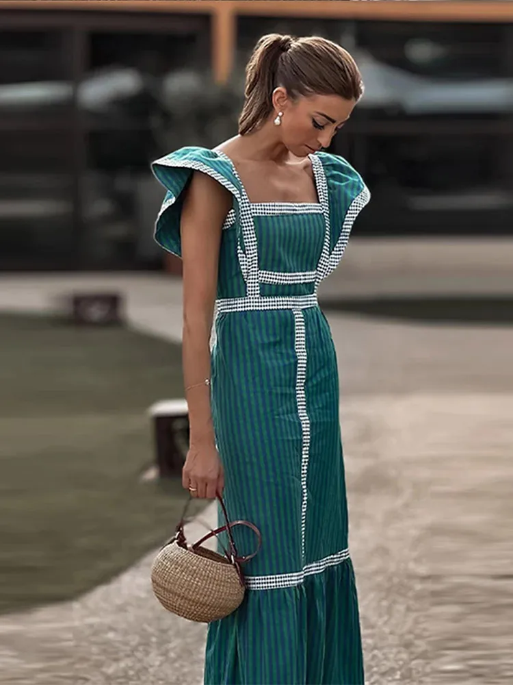 Elegant Flying Sleeve Striped Ruffled Pleated Square Collar Patchwork Maxi Dress - Image 2