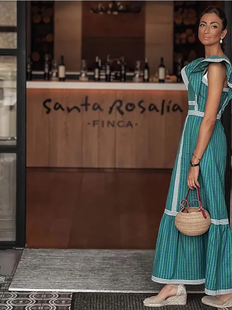 Elegant Flying Sleeve Striped Ruffled Pleated Square Collar Patchwork Maxi Dress - Image 4