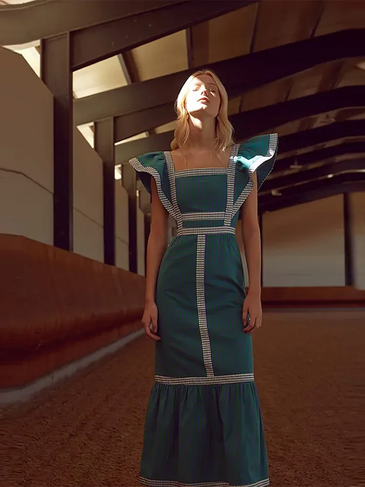 Elegant Flying Sleeve Striped Ruffled Pleated Square Collar Patchwork Maxi Dress - Image 6