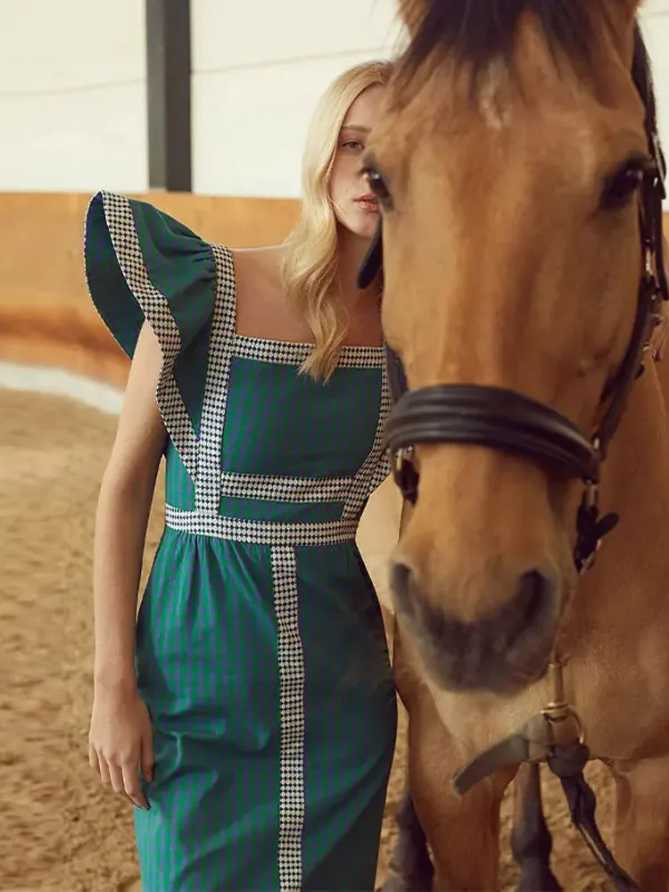 Elegant Flying Sleeve Striped Ruffled Pleated Square Collar Patchwork Maxi Dress - Image 3