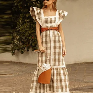 Elegant Flying Sleeve Striped Ruffled Pleated Square Collar Patchwork Maxi Dress