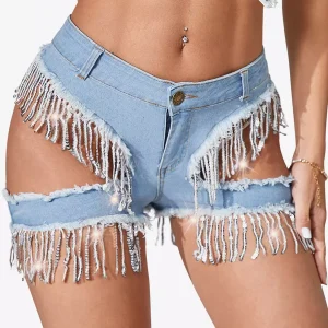 Elegant Fringed Skinny Denim Shorts With Cutout Design