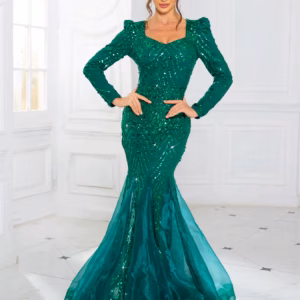 Elegant Full Sleeved Patchwork V Neck Fishtail Sparkle Sequined Evening Party Maxi Dress