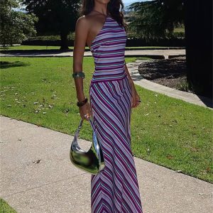 Elegant Halter Backless Halter Long Striped Night Club Ankle-Length Maxi Dress