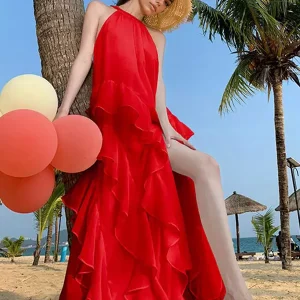 Elegant Halter Neck Backless Sleeveless Ruffles Layered Maxi Dress