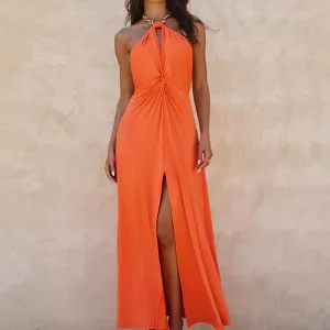 Elegant Halter Neck With High Slit And Waist Knot Long Dress