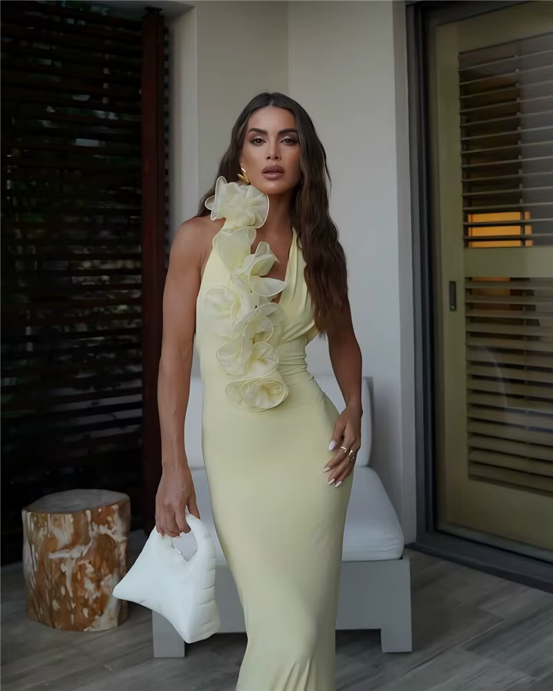 Elegant Halter Sleeveless Backless Bodycon Deep V Neck Maxi Dress