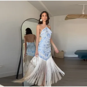 Elegant Halter Sleeveless Draped Backless Satin Slip Tassel Print Long Maxi Dress