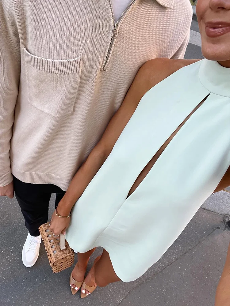 Elegant Halter Turtleneck Hollow Out Slim Fit Solid Regular Mini Dresses - Image 4