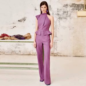 Elegant Halter Waist Cinching Sleeveless Fake Pockets Wide Leg Jumpsuit