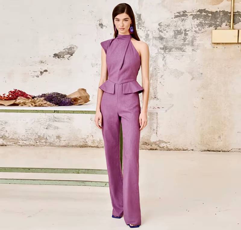 Elegant Halter Waist Cinching Sleeveless Fake Pockets Wide Leg Jumpsuit