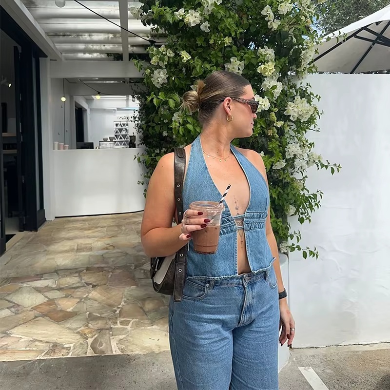 Elegant Hollow Out Halter Cowboy Robe Sleeveless Denim Top - Image 4