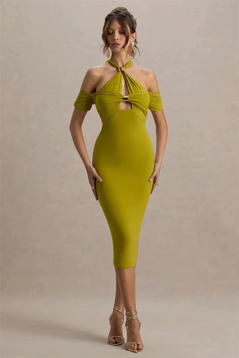 Elegant Hollow Out Solid Halter A-LINE Backless  Off-shoulder Sleeveless Midi Dress