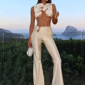 Elegant Hollow Silky Tank Tops Shirring Ankle-Length Pants 2 Piece Set