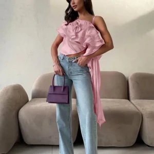 Elegant Irregular Backless Pleated Ruffle Flutter Halter Shirt