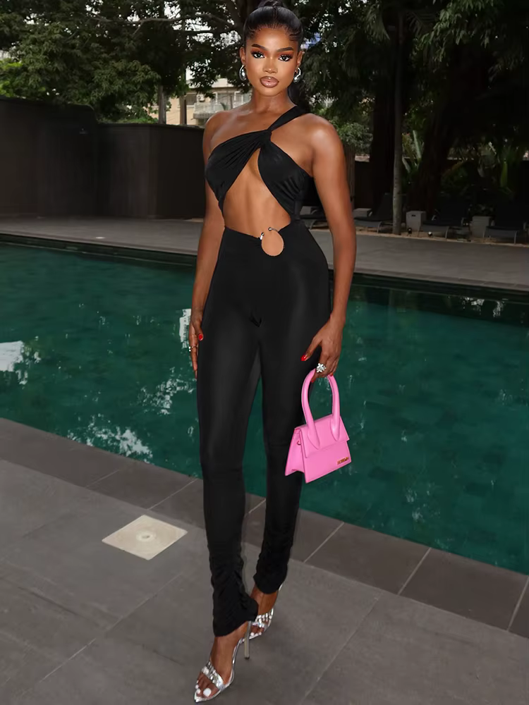 Elegant Irregular Single Shoulder Strap Sleeveless Skinny Hollow Jumpsuits - Image 6