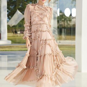 Elegant Jewel Neck Ruffles Illusion Long Sleeves High Collar Tulle Party Maxi Dresses