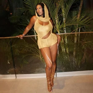 Elegant Knit Beach Backless Halter Irregular Top, Head Scarf And Shorts 3 Piece Sets